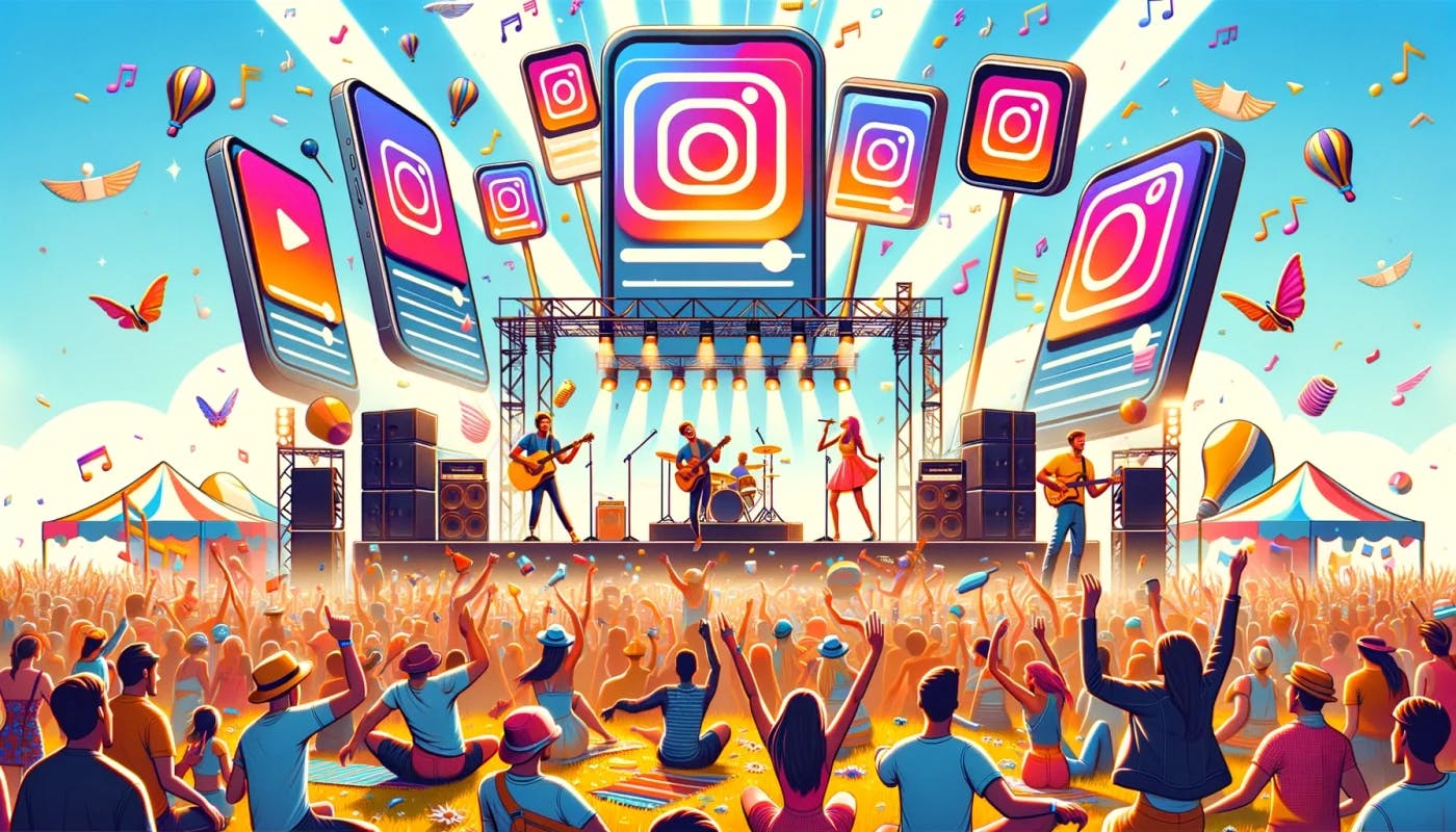 A lively and colorful stage with a crowd while Instagram phone screens oversee everything as if the own the place. Oh wait, they do.