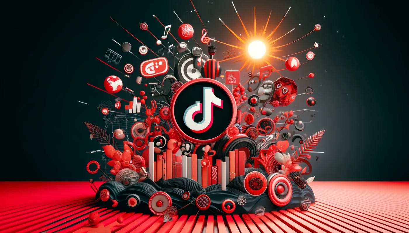 Dynamic digital marketing scene with TikTok and Meta icons, musical notes, and summer theme elements in red and black colors, representing TikTok's music program and Meta's content diversification strategies. Created for the b00st.com blog.