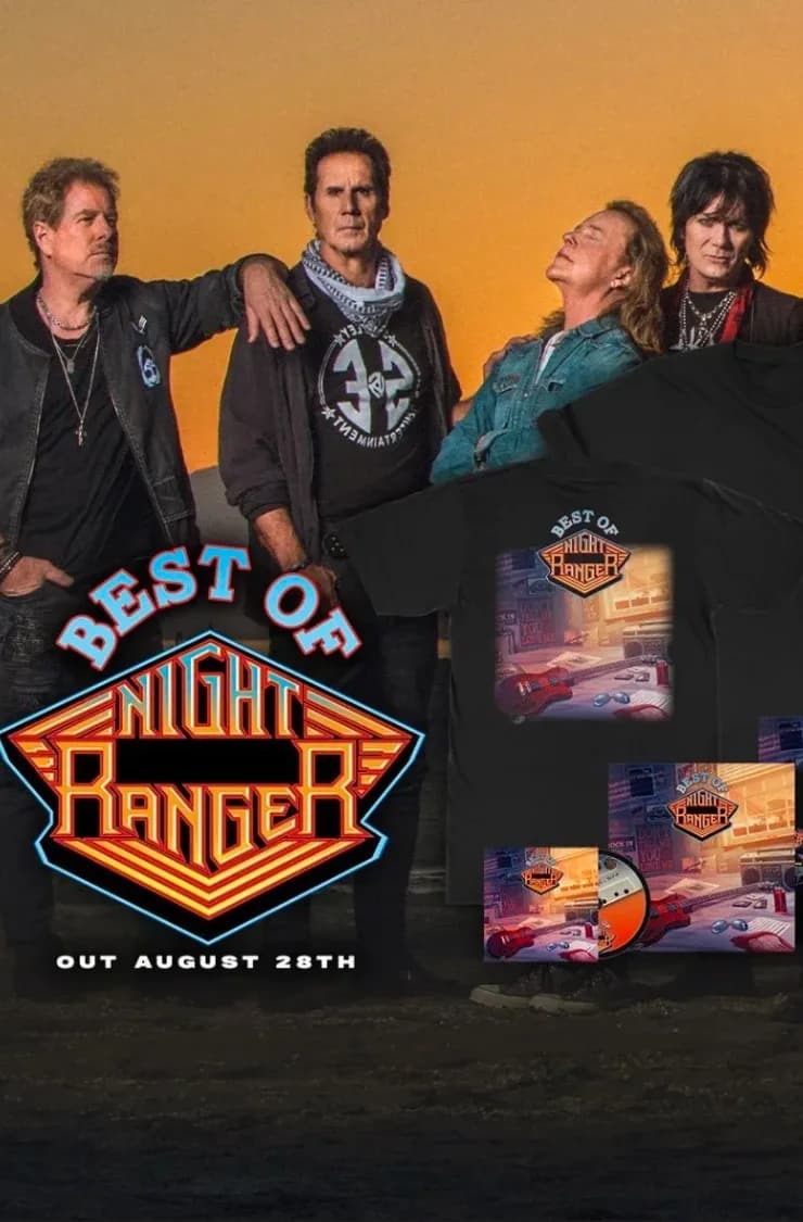Night Ranger at sunset with the Best of Night Ranger album artwork and merch.