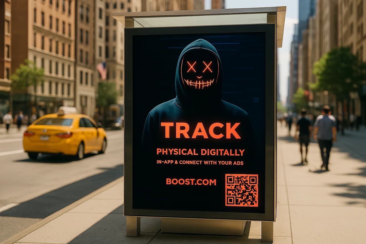 A QR code on a billboard on a bus stop of the b00st.com app ad. New York City is in the background representing b00st.com.