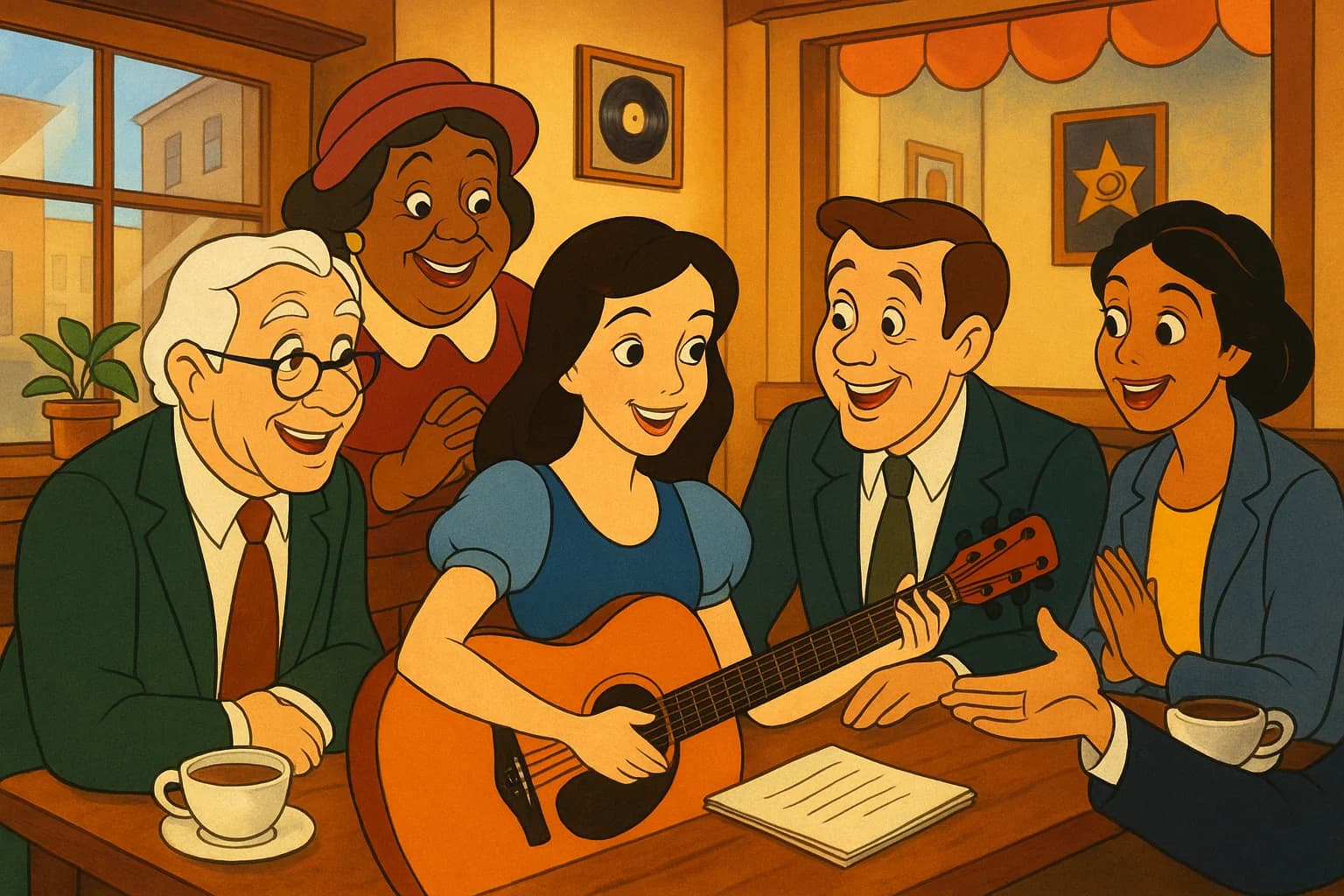 A team of music managers and label professionals guiding a musician to commercial success, all in a coffee shop.