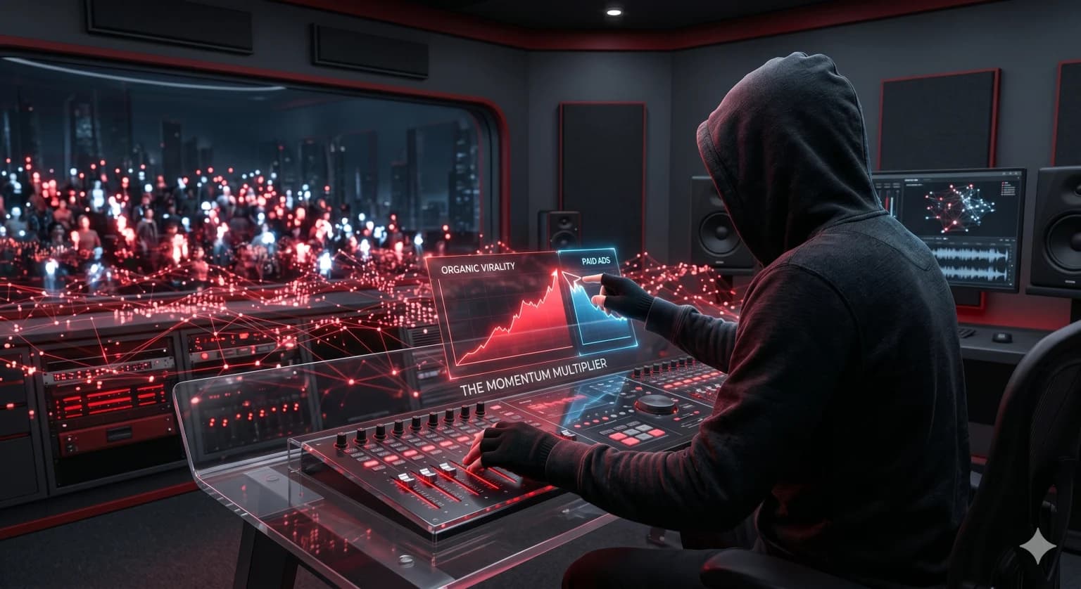 A music producer at a futuristic mixing console dragging an organic virality graph into a paid ads channel, representing the Momentum Multiplier strategy.